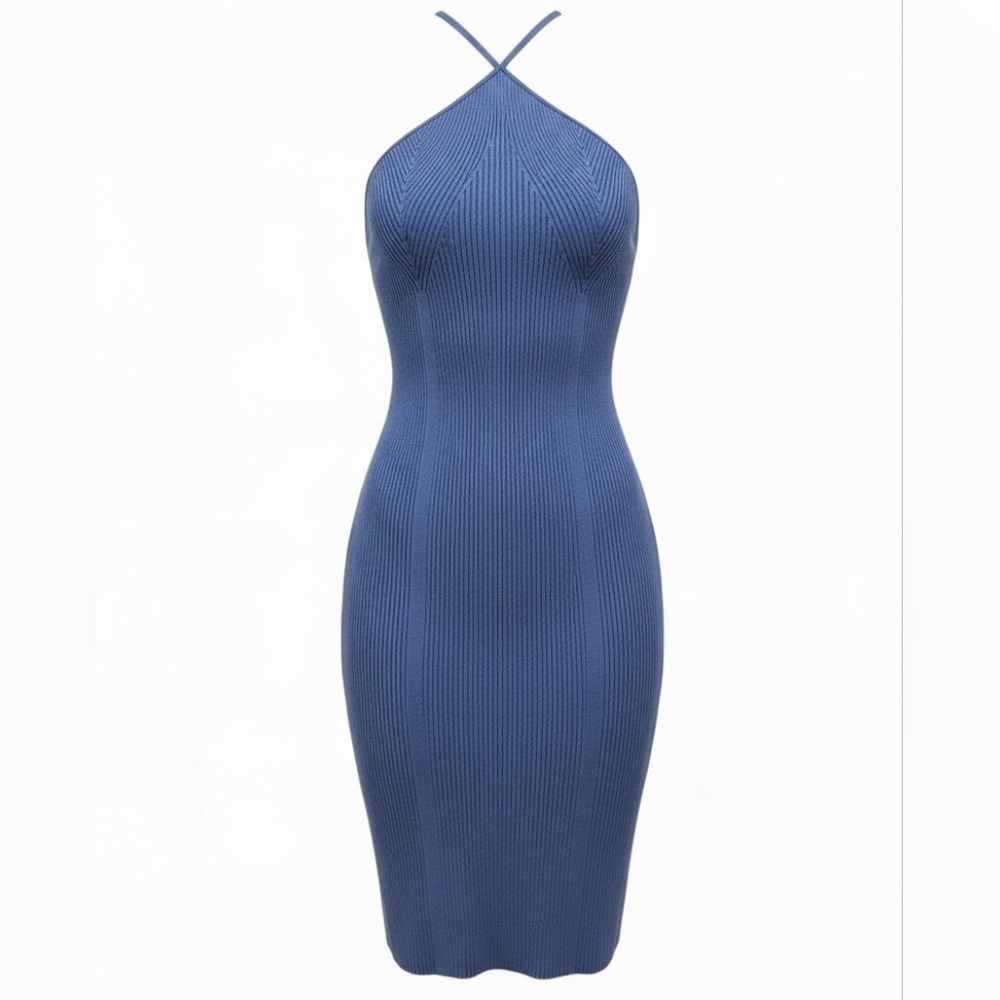Anna Quan Midnight Blue Ribbed Knit Halter Midi Dress Size 12